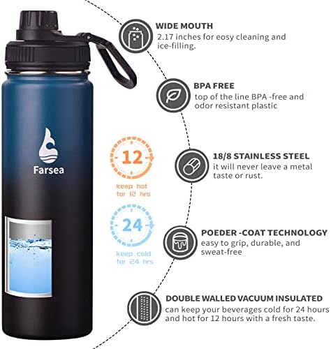 Farsea Insulated Water Bottle With Paracord Handle, Protective Silicone Boot and 2 Lids (Straw Lid & Spout Lid), Stainless Steel Water Bottle Wide Mouth, Double Wall Sweat-Proof BPA-Free, 24 oz