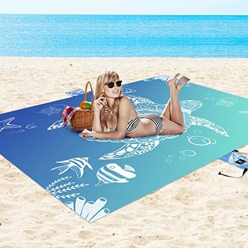 Lightweight Beach Blanket - Oversized 107" x 77" - Waterproof Sandproof - Double Anchored for Fun Leisure Beach Blanket - with Stake and Pouch - Durable Sand Beach Mat