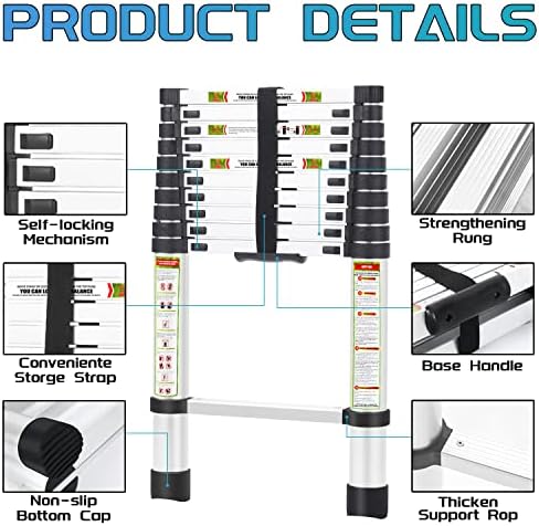 RIKADE Telescoping Ladder 10.5FT & Attic Ladder, Heavy Duty Aluminum with Non-Slip Feet, 330lb Capacity for RV, Attic, Roof & Multi-Surface Use