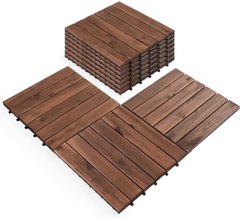 Pack of 10 Deck Tiles - 12"x12" Interlocking Natural Solid Acacia Wood for Outdoor & Indoor, Patio Garden, Balcony, Poolside - Brown Color