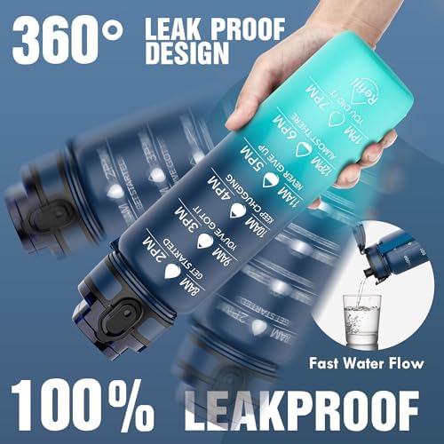 OLDLEY Water Bottle, 32oz Motivational Sports Water Bottle with Time Marker - Times to Drink - Tritan, BPA Free, Wide Mouth Leakproof, Navy Blue Green (1 Bottle)