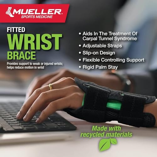 MUELLER Sports Medicine Green Fitted Wrist Brace for Men and Women, Wrist Pain Relief Support, Ideal for Carpal Tunnel, Tendonitis, Arthritis, Left Hand, Black, Large/X-Large