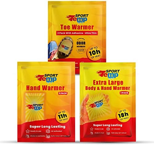 Hand, Toe, & XL Body and Hand Warmers - Variety Pack, 10 Pairs Hand Warmers, 10 Pairs Toe Warmers with Adhesive, 10 XL Hand & Body Warmers - Air Activated - Odorless Hot Hand - Sport Temp