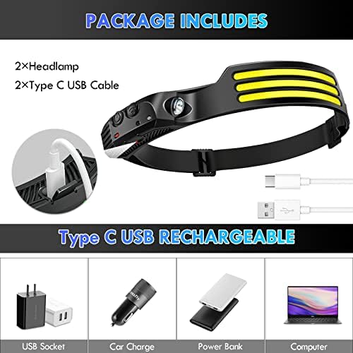 LED Headlamp Rechargeable (2 PCS), 230° Wide Beam Head Lamp with Motion Sensor, Waterproof Head Light Flashlight for Hiking, Running, Repairing, Fishing Cycling (Black 4)
