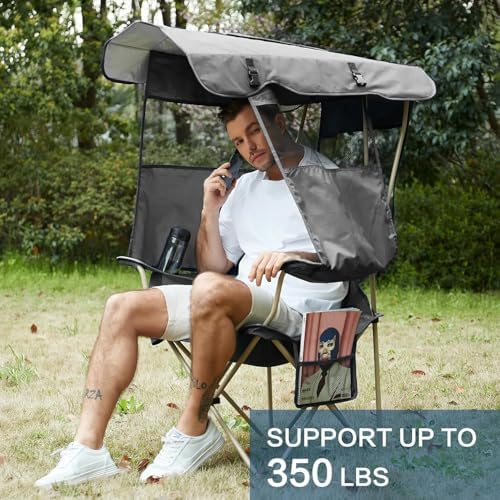 Camping Chair with Canopy Shade,Portable Folding Chair with UPF 50+ Sun Shade,Cup Holder,Side Pocket,Soccer Chair Adults for Camp,Beach,Outdoor Sports-Support 330 LBS Grey
