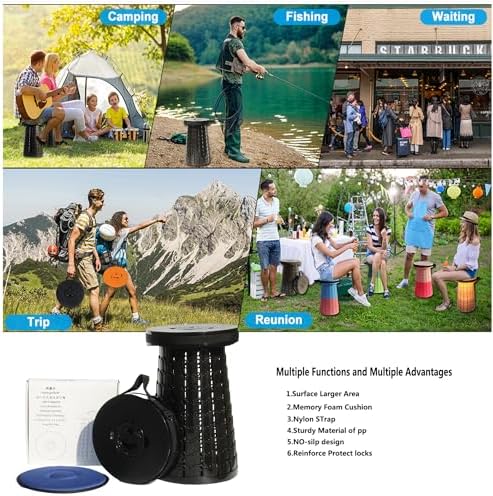 Upgraded 19.7"Portable Collapsible Folding Stool with Cushion Retractable Telescoping Foldable Stool for Adults Heavy Duty Camping Sturdy with Max Load Capacity 1000lbs for Outdoor Fishing Hiking BBQ