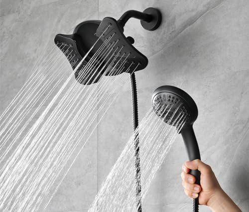 GRICH 2.5GPM Shower Heads with Handheld Spray Combo: High Pressure Rain Shower Heads with Built-in Power Wash, 9 Mode Adjustable Dual Rainfall Showerhead with Anti-Clog Nozzles and Hose, Black