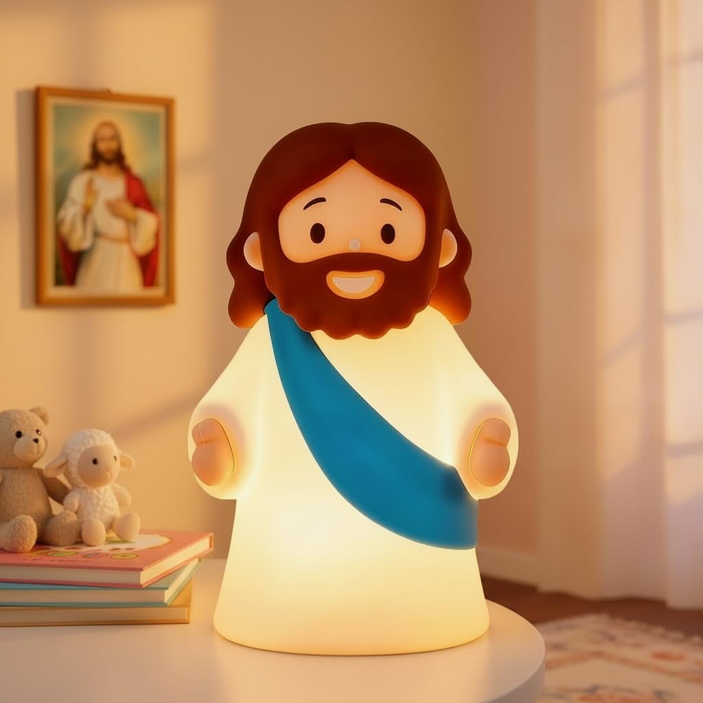 magical JD Jesus Night Light for Kids – Soft Silicone Touch Lamp, Touch Dimmable & USB Rechargeable, BPA-Free Christian Baptism Gift for Boys & Girls, Easter & Christmas Gift for Nursery (Blue)