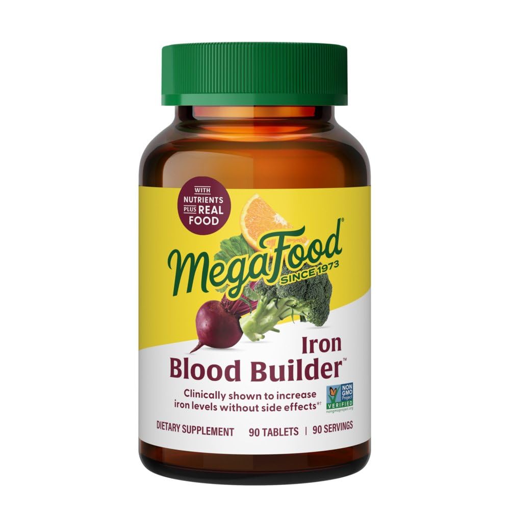 MegaFood Blood Builder Iron Supplement Clinically Shown to Increase Iron Levels Without Side Effects, Vegan Supplement For Women with Vitamin C, Vitamin B12 & Folic Acid, 90 Tablets