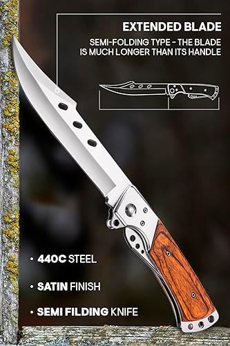 Grand Way Long Blade Folding Knife - Sharp Hunting Hiking Camping Tactical Survival Work Knives for Men Women - Foldable Large Knife with Rosewood Handle - Stocking Stuffers Gifts 4172