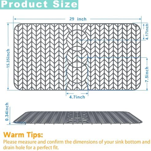 AWOKE Sink Protectors for Kitchen Sink - 29"x 15.35" Sink Mat - Heat-resistant Easy-clean Silicone Sink Mat - for Protection of Stainless Steel Sink - with 3 Reserved Holes (Grey)