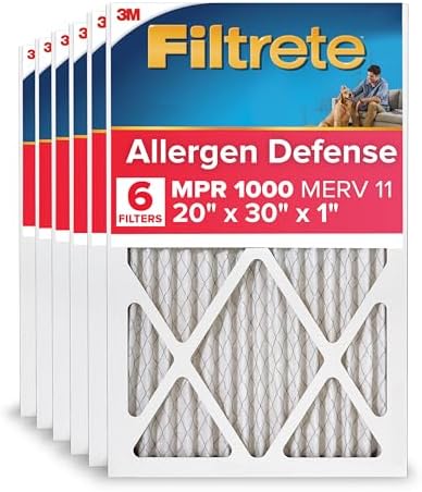 Filtrete 20x30x1 AC Furnace Air Filter, MERV 11, MPR 1000, Micro Allergen Defense, 3-Month Pleated 1-Inch Electrostatic Air Cleaning Filter, 6 Pack (Actual Size 19.81 x 29.81 x 0.81 in)