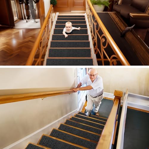 15Pcs Stair Treads for Wooden Steps With Self Adhesive, 8"x30" Non Slip Stair Runners-Peel & Stick Indoor Stair Carpet Runner, Resistant Runner for Kids, Elders and Pets, Black