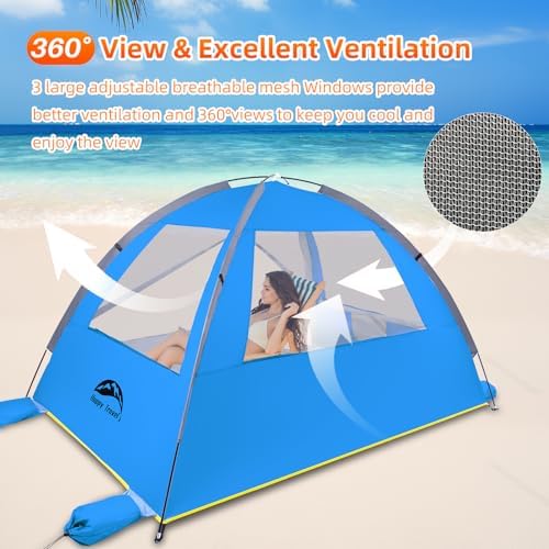 Happy Travel Beach Tent, UPF 50+ UV Protection Sun Shade Shelter for 3/4/5/6/7/8 Person, Portable Beach Canopy for Family & Baby, Lightweight & Easy Setup Beach Cabana with 3 Ventilation Mesh Windows