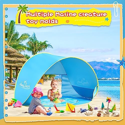 Monobeach Baby Beach Tent with Sand Toys Pop Up Portable Shade Pool UPF50+ UV Protection Sun Shelter for Infant with Easy Set Up Canopy (Blue with Sand Toys)