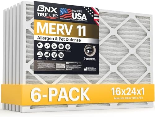 BNX TruFilter 16x24x1 Air Filter MERV 11 (6-Pack) - MADE IN USA - Allergen Defense Electrostatic Pleated Air Conditioner HVAC AC Furnace Filters for Allergies, Dust, Pet, Smoke, Allergy MPR 1200 FPR 7