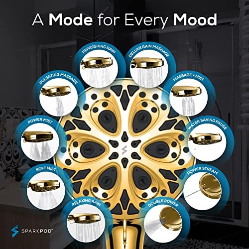SparkPod 10-Mode Handheld Shower Head with Filter - 5" High Pressure Filtered Shower Head with Touch-to-Clean Nozzles, Built-In Power Jet, Stainless Steel 6ft Hose & Bracket (Egyptian Gold)