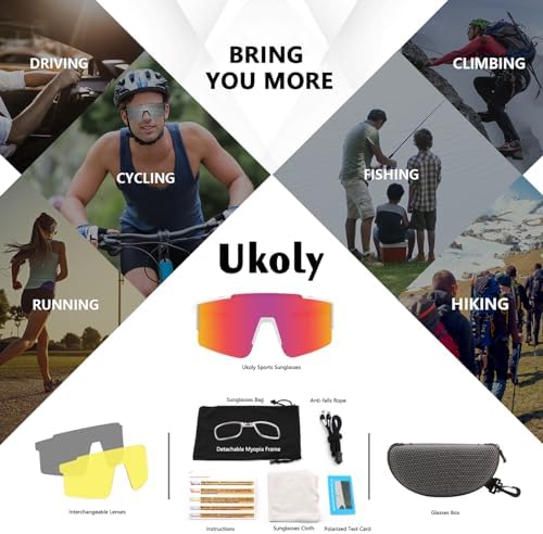 Ukoly Cycling Sunglasses for Men Women with 3 Interchangeable Lenses, Polarized Sports Sunglasses, Baseball Sunglasses