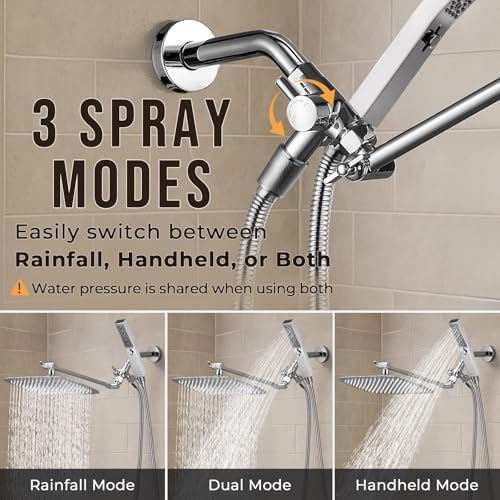 G-Promise All Metal 12 Inch Dual Shower Head with Handheld Combo, Rain Shower Head, Adjustable Extension Arm, Smooth 3-Way Diverter, 71 Inch Extra Long Hose - A Bathroom Upgrade (Chrome)