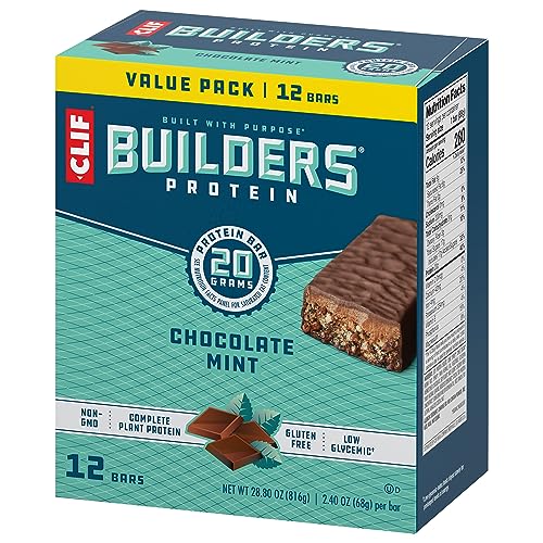 CLIF BUILDERS Protein Bars - Chocolate Mint Flavor - 20g Plant Based Protein - Gluten Free - Non-GMO - Low Glycemic - No Artificial Sweeteners - Value Pack, 2.4 oz. (12 Count)