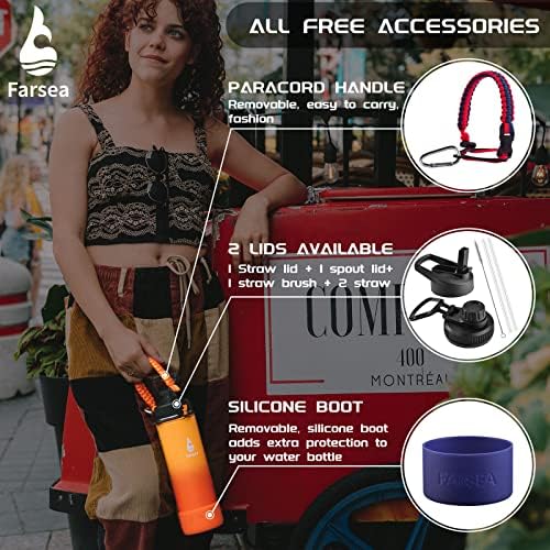 Farsea Insulated Water Bottle With Paracord Handle, Protective Silicone Boot and 2 Lids (Straw Lid & Spout Lid), Stainless Steel Water Bottle Wide Mouth, Double Wall Sweat-Proof BPA-Free, 32 oz