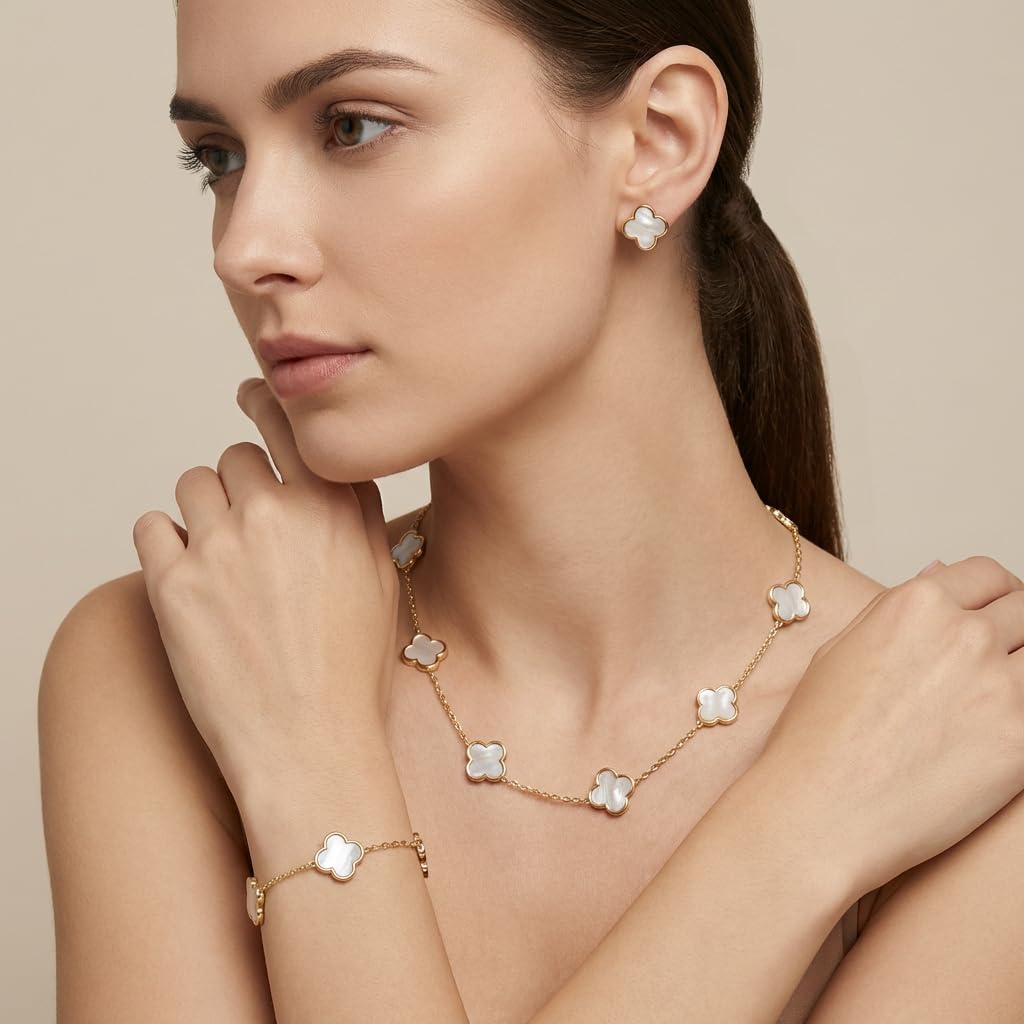 SHINYY Four Leaf Clover Choker Necklace for Women | 18K Gold Plated Lucky 4 Leaf Jewelry | Trendy Gifts (Set, White Gold)