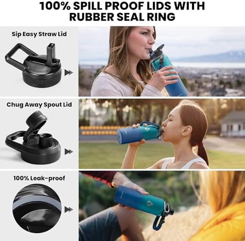 Insulated Water Bottle 40 oz, Triple Wall Vacuum Stainless Steel (Cold for 48 Hrs), Leak Proof & Non-BPA, Modern Water Flask Jug with Paracord Handle & Straw Spout Lids, Cyan Blue