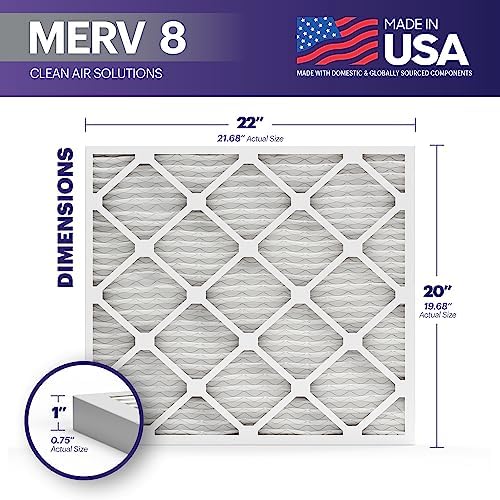 BNX TruFilter 20x22x1 Air Filter MERV 8 (6-Pack) - MADE IN USA – Dust & Pet Defense Electrostatic Pleated Air Conditioner HVAC AC Furnace Filters for Dust, Pet, Mold, Pollen MPR 600 – 700 & FPR 5