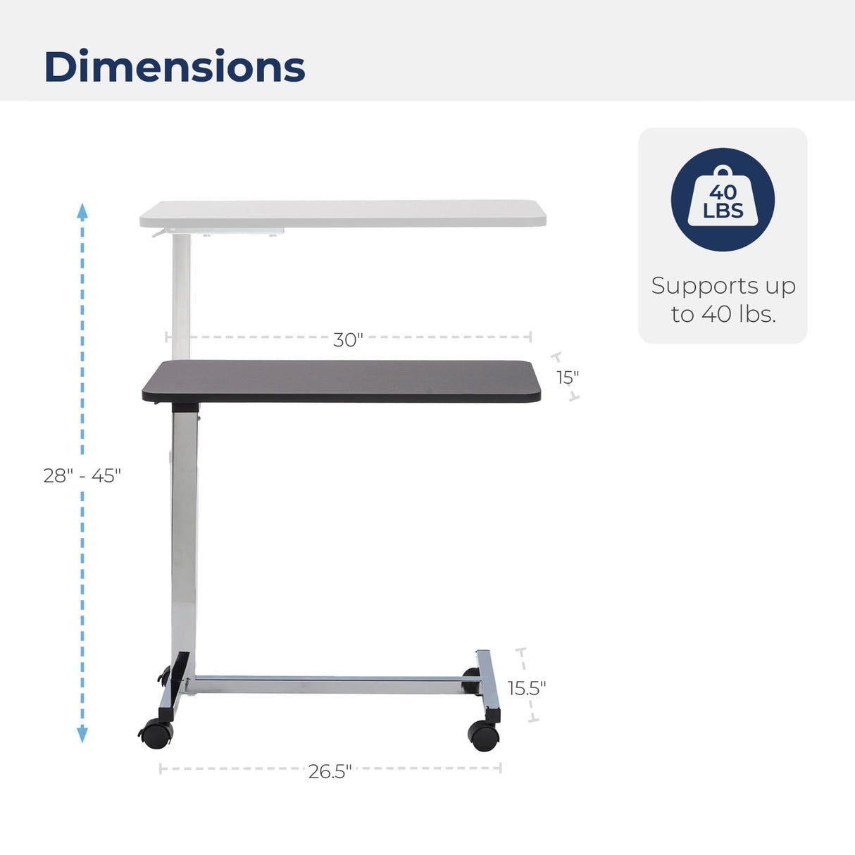 Drive Medical 13003 Non Tilt Top Overbed Table with Wheels, Chrome
