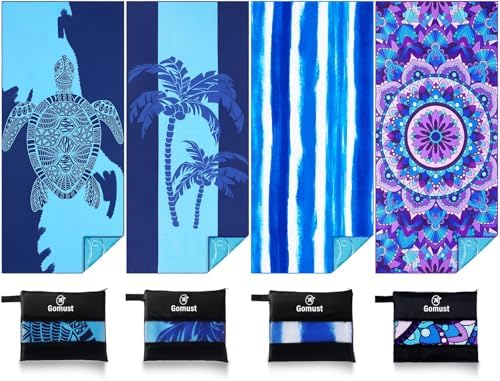 4 Pack Lightweight Thin Beach Towel Oversized 71"x32" Big Extra Large Microfiber Sand Free Towels for Adult Quick Dry Travel Camping Beach Accessories Gift Coconut Tree Sea Turtle Stripe Mandala