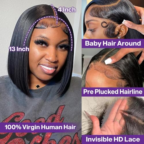 HIRIREMY Short Straight Bob Wigs for Black Women Human Hair 13x4 HD Lace Front Bob Wigs Human Hair Pre Plucked Natural Hairline Glueless 180% Density 12 Inch
