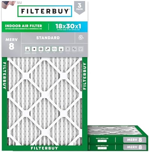Filterbuy 18x30x1 Air Filter MERV 8 Dust Defense (3-Pack), Pleated HVAC AC Furnace Air Filters Replacement (Actual Size: 17.75 x 29.75 x 0.75 Inches)