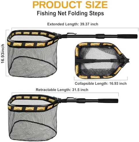 PLUSINNO Floating Fishing Net for Steelhead, Salmon, Fly, Kayak, Catfish, Bass, Trout Fishing, Rubber Coated Landing Net for Easy Catch & Release, Compact & Foldable for Easy Transportation & Storage