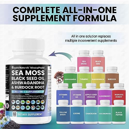 Sea Moss 3500mg Black Seed Oil 3000mg Ashwagandha 1500mg Turmeric 1000mg Bladderwrack 1000mg Burdock 1000mg, Vitamin C & D3 with ACV Chlorophyll Elderberry Manuka Dandelion Yellow Dock Vegan Caps USA