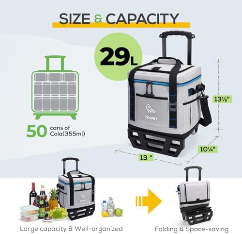 TOURIT Portable 50-Can Collapsible Rolling Soft Cooler with 29L Space & Reinforced All-Terrain Cart with Wheels Easy Transportation, Large Leakproof Travel Beach Ice Chest for Grocery Shopping