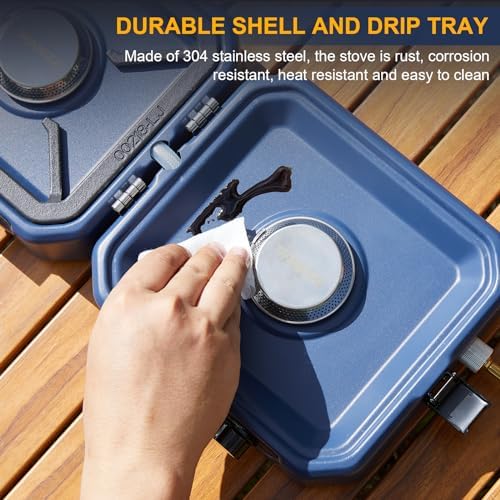 Upgraded WINKIZA 2 Burner Propane Camping Stove with Grill, Foldable Camp Stove with 16,000 BTU, Two Adjustable Burners with Piezo Ignition & Easy Carrying Handle, Portable Stove for Camping, BBQ