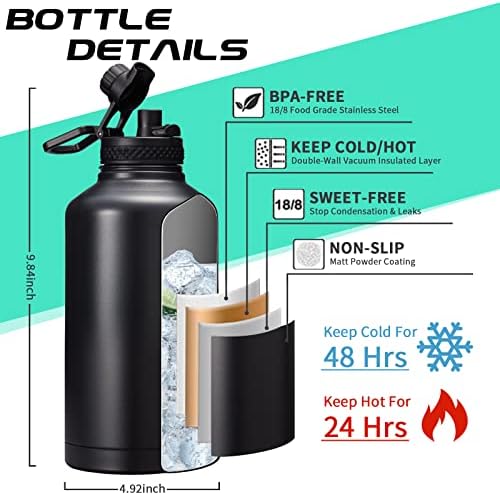 Insulated Water Bottle 64oz - w/Paracord Handle, Straw & Spout Lids, Carrier Bag, Half Gallon Sport Stainless Steel Water Flask Jug, Thermo Mug Double-wall Vacuum Water Bottle