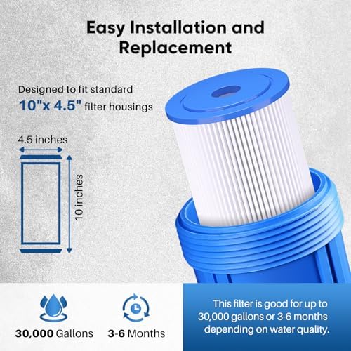 PUREPLUS 10" x 4.5" Whole House Pleated Sediment Filter for Well Water, Replacement Cartridge for GE FXHSC, Culligan R50-BBSA, Pentek R50-BB, DuPont WFHDC3001, American Plumber W50PEHD, GXWH40L, 4Pack