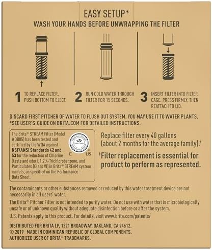 Brita Stream Pitcher Water Filter for Pitchers and Dispensers, BPA-Free, Replaces 1,800 Plastic Water Bottles a Year, Lasts Two Months or 40 Gallons, Includes 2 Filters