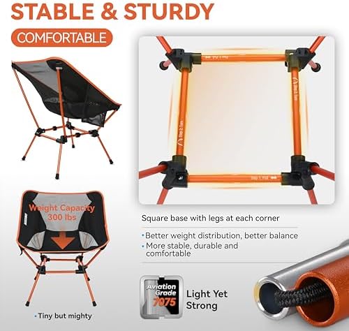 MARCHWAY Ultralight Folding Camping Chair, Heavy Duty Portable Compact for Outdoor Camp, Travel, Beach, Picnic, Festival, Hiking, Lightweight Backpacking (Orange)