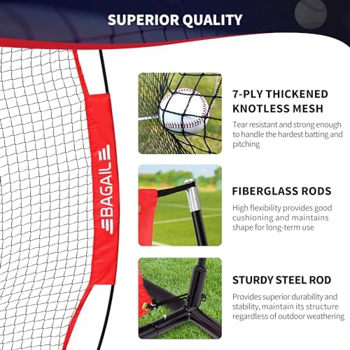 BAGAIL 7x7 ft Baseball & Softball Practice Net with Bow Frame for Batting, Hitting, Pitching, Portable Baseball Throwing Net with 2 Strike Zone Batting Tee, Carry Bag, Great for All Levels