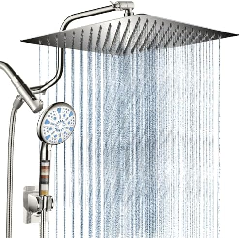 Cobbe 12 Inch All Metal 3-Way Rain Shower Head, High Pressure Shower Head, Dual Shower Heads with Handheld Spray Combo - 9 Spray Filtered Shower Head, Brushed Nickel