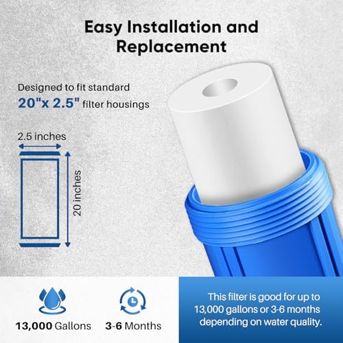 PUREPLUS 5 Micron 20" x 2.5" Whole House Sediment Home Water Filter, 20-inch Sediment Pre-Filtration, Replacement Cartridge Aqua Pure AP110-2C, Pentek P1-20/SP-P1-20/PX01-20, Watts FPMB5-20, 4Pack