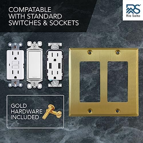 Rio Salto BRASS Modern Metal Gold Double Light Switch Wall Plate or Outlet Cover Wall Plate, Corrosion Resistant Receptacle Wallplate Rocker Covers Decora 2 Gang Brushed Brass STANDARD SIZE
