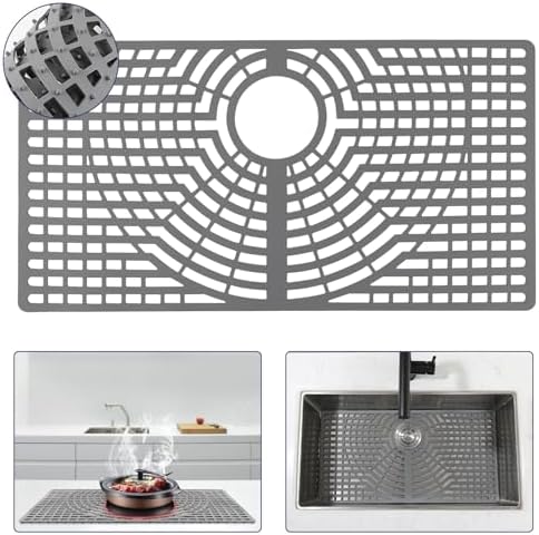 Silicone Sink Protector 28"x15" Rear Drain Hole, Heat Resistant Non-slip Dishwasher Suitable, Large Mat for Bottom of Farmhouse Kitchen Stainless Steel Sink(Grey)