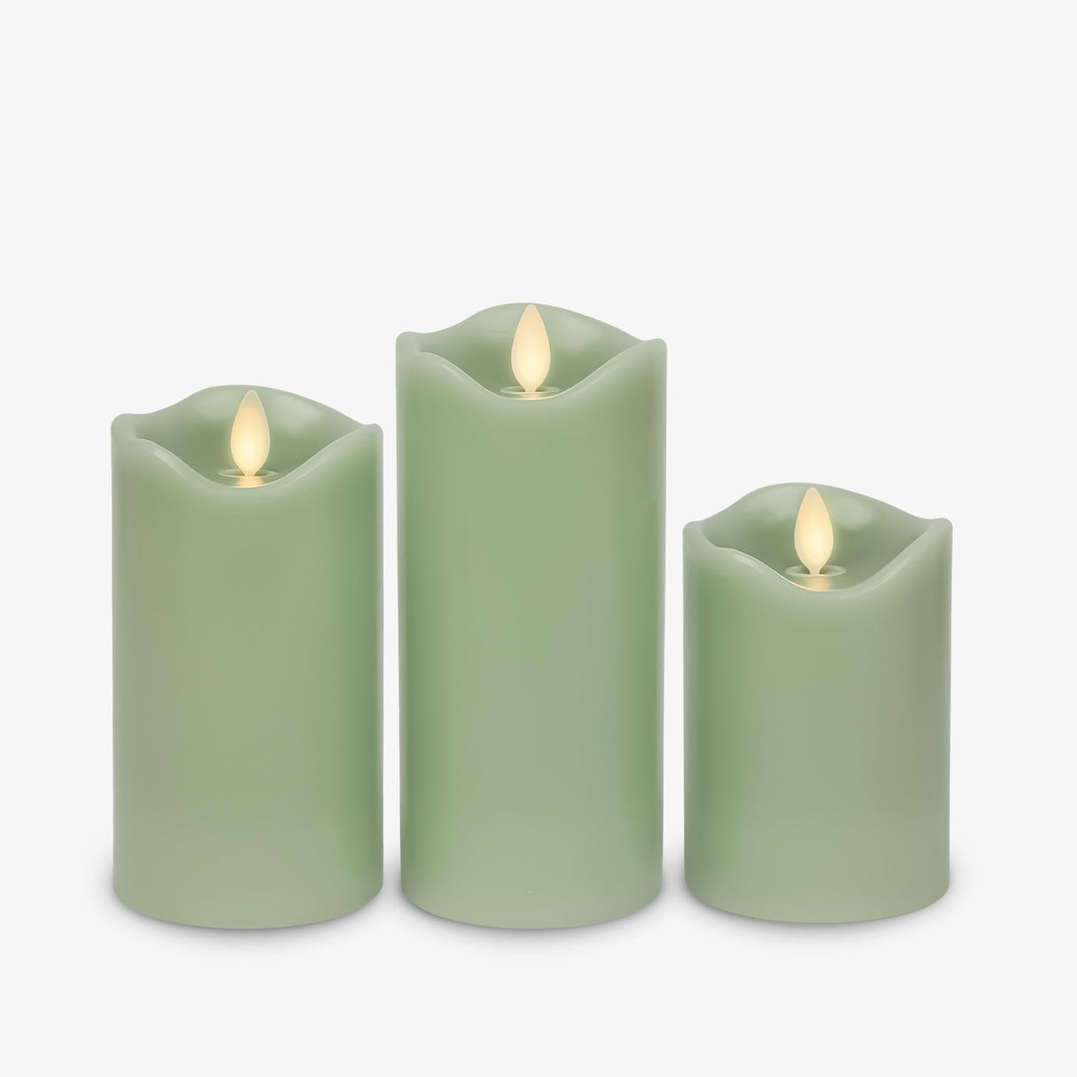 Matchless Candle Co. by Luminara Set of 3 (3" x 4.5",5.5",6.5") Flameless LED Flickering Battery Candle Moving Flame Pillar, Melted Edge, Real Wax Smooth Finish (Pastel Green)