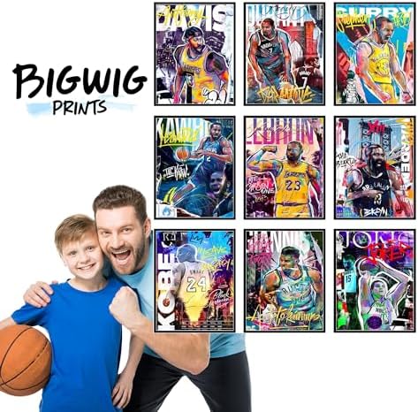 Bigwig Prints Basketball Posters for Boys Bedroom - Basketball Room Decor, Nba Posters, Steph Curry, Kobe Bryant Wall Art, Kevin Durant, Lebron James, Sports Art For Bedroom - Unframed Set of 9 (8x10)