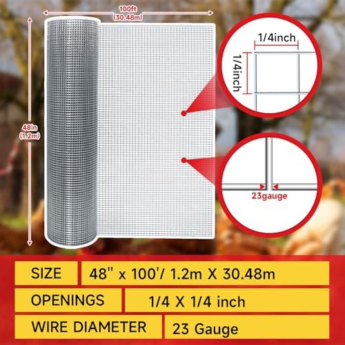 Hardware Cloth,1/4inch 48inx100ft 23 Gauge,Double-Layer Hot-Dip Galvanizing After Welding,Chicken Wire Fence Wire Mesh Fence Poultry Netting Garden Fence Tree Guard Rolls