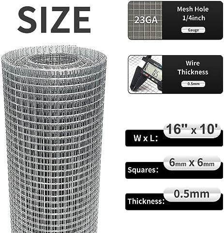 Hardware Cloth 16'' x 10' 1/4 in Galvanized Wire Mesh Roll (23 GA) Chicken Wire Fence Roll for Chicken Pen/coop Fences, Screen mesh, Rabbit/Snake Fences, Poultry enclosures, Handicraft Making, etc.