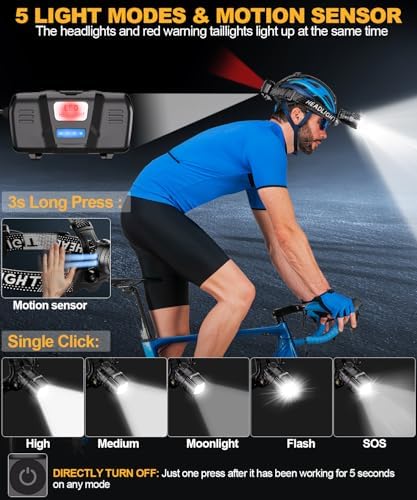 High Lumens LED Headlamp& 100H Using Time, USB Rechargeable Head lamp, 90° Adjustable Widebeam Motion Sensor Head Light with 5 Modes,Zoomable for Camping Running Hiking, Hard Hat Headlamps 1pc